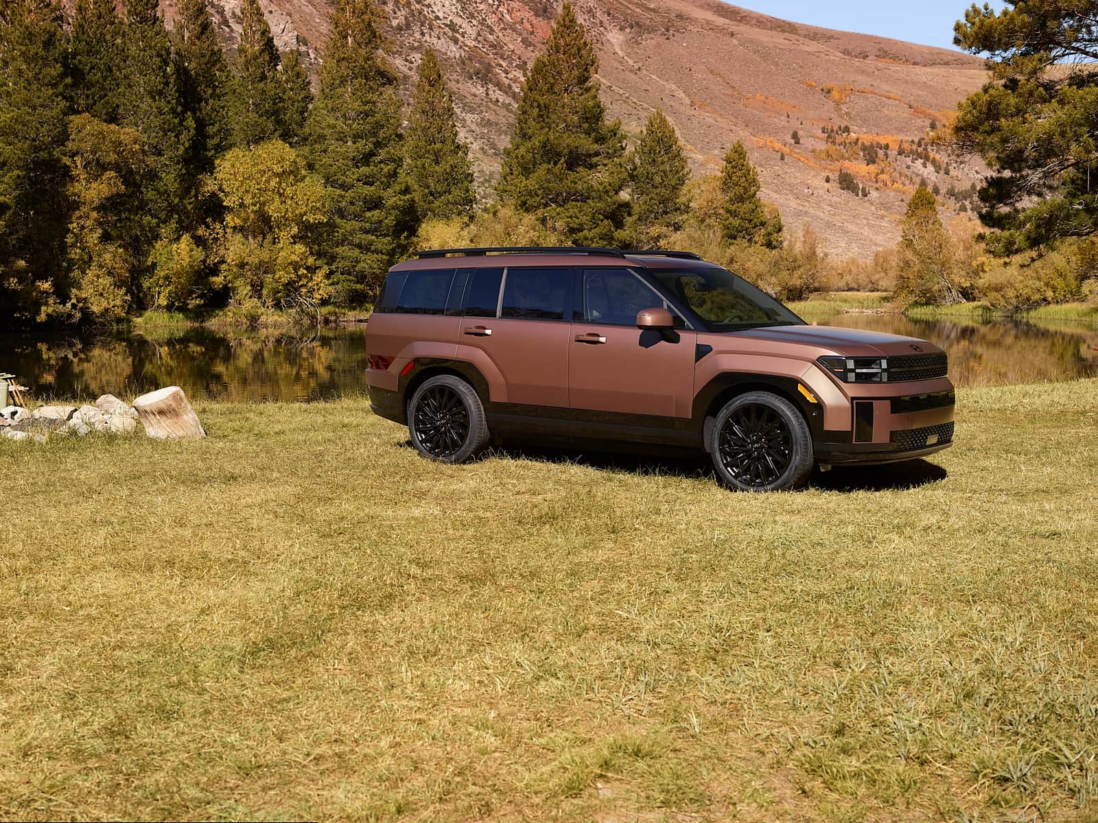 Hyundai Santa Fe 2026 cuivré garé dans un pré, conifères et montagne en arrière-plan, journée ensoleillée d'automne