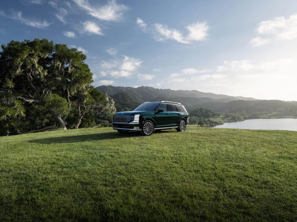 Hyundai Palisade 2026 vert foncé garé dans un pré au bord d'un lac, collines boisées