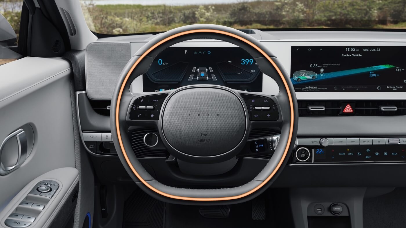 Technologies d’infodivertissement du tableau de bord du Hyundai Ioniq 5 2024.