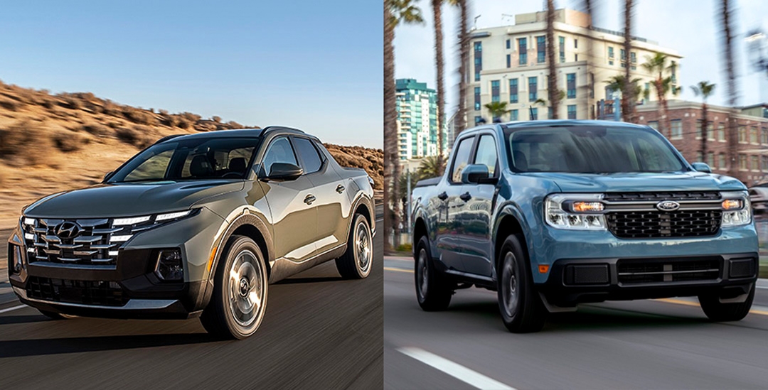 comparatif entre le Hyundai Santa Cruz 2022 (gauche) et le Ford Maverick 2022 (droite)